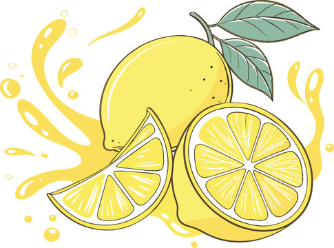 Illustrated Fresh Lemon Splash With Sliced Citrus and Leaves, Yellow citrus splash for product package design. water wave, citrus piece, ice cubes and mint foliage flying. Realistic mojito drink, tea.