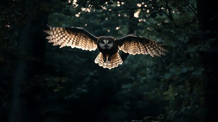 Fototapeta premium A majestic owl gliding through a dimly lit forest, showcasing its impressive wingspan.