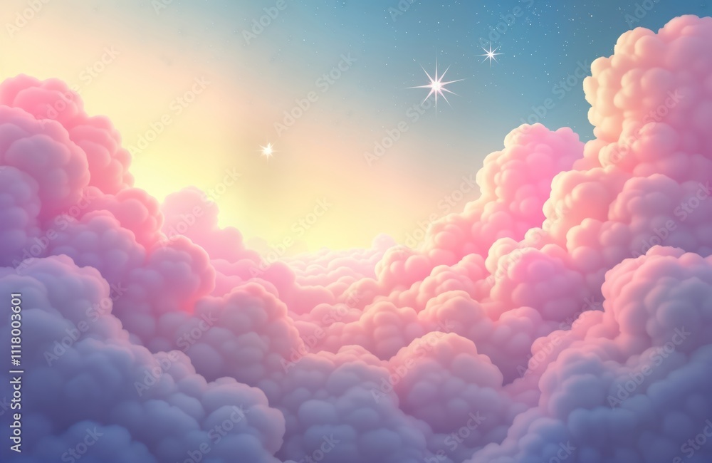 Poster Soft pink, purple clouds fill sky. Fluffy clouds appear to in dreamlike state. Warm light of dawn dusk shines through creating beautiful landscape. Serene, magical scene. Perfect for website