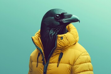 An anthropomorphic Black Crow in human clothes, representing the humanized animal idea. Stock photo, enhanced with human elements.