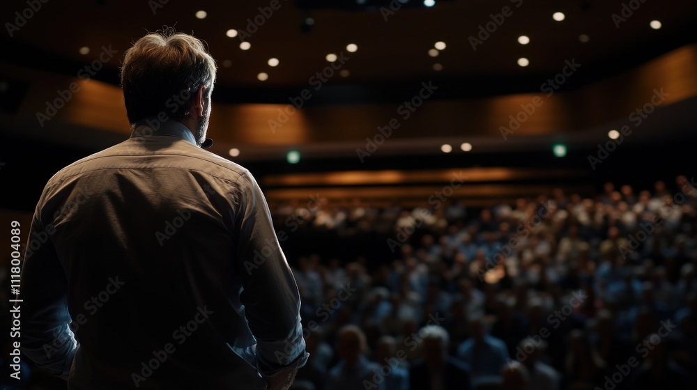Poster speaker addressing a large audience in a conference setting