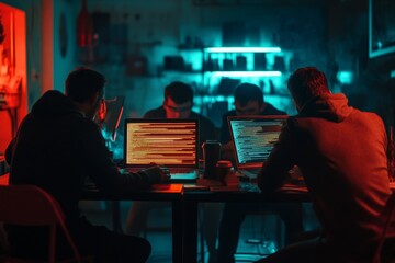 Cyber security team collaborating on laptop with glowing firewalls and network defenses