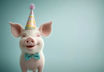 Obraz premium A creative concept featuring a pig, piggy, or piglet wearing a party cone hat, necklace, and bowtie outfit, set against a solid pastel background, with space for text, ideal for a birthday party
