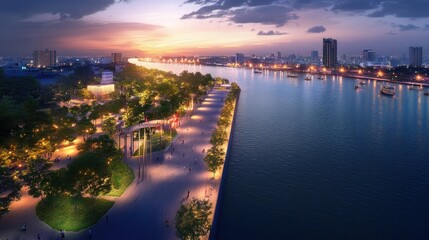 Fototapeta premium Sunset Over River with City and Highway Lights