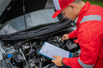 A skilled mechanic thoroughly checks various vehicle components using a clipboard at an engine area