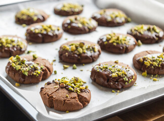 Chocolate Cookies Covered with Chocolate and Sprinkled with Chopped Pistachios – Perfect for Christmas 