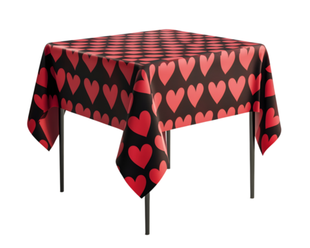 Square table with a heart-patterned tablecloth on a white background.