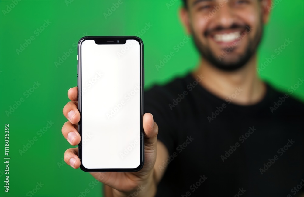 Poster man holds smartphone with blank screen. smiling guy presents mobile device. green background for eas
