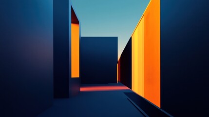Fototapeta premium Abstract architectural scene with vibrant orange light contrasting dark structures.