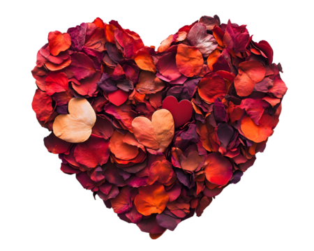Heart shape made of colorful rose petals on a white isolate background.