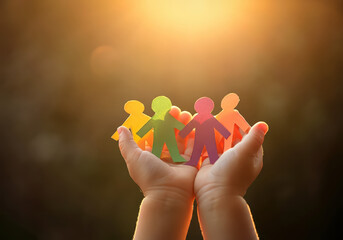 Child?s Hands Gently Cradling Paper People Depicting Family Happiness, Love Life, and Community Care for Everyone
