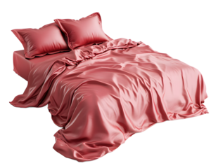 Elegant satin bed linens in soft rose color on a modern bed, perfect for luxury home decor.