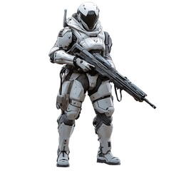 Gaming character in advanced combat armor, holding a futuristic rifle on a white background