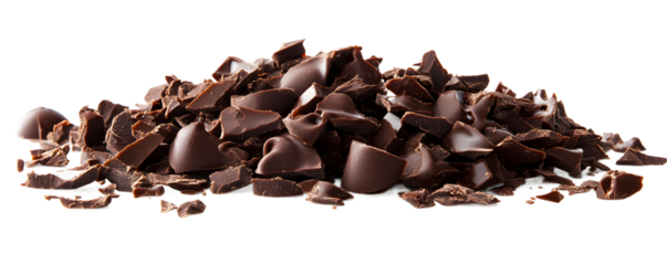 Delicious dark chocolate shavings on a white isolated background.
