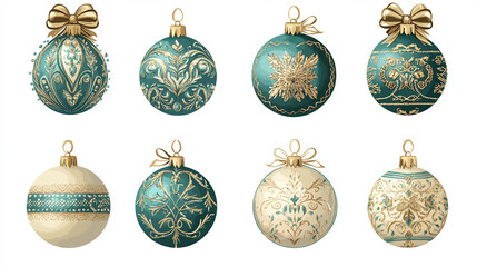 Pixel art set of elegant Christmas tree balls in teal and gold with intricate designs and bows, vector illustration isolated on white background.
