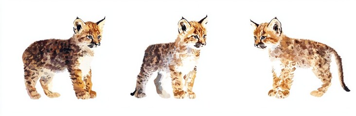A set of three watercolor paintings featuring a cougar on a white background, provided as a transparent PNG, part of a generative AI animal clipart bundle.