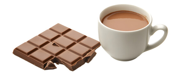 Delicious chocolate bar beside a steaming cup of hot chocolate on a white background.