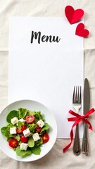 Blank valentine day menu mockup with vegetable salad and hearts on light background