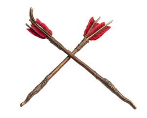Crossed decorative arrows with red feathers on a white isolated background.