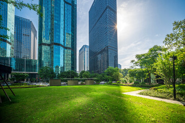 Vibrant Urban Green Space Surrounded by Skyscrapers and Modern Architecture