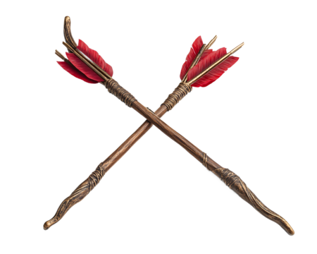 Crossed decorative arrows with red feathers on a white isolated background.
