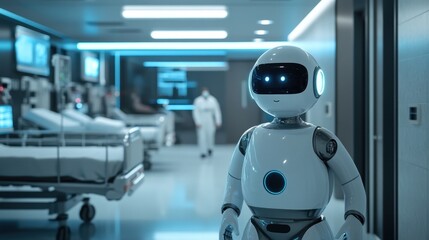 Futuristic hospital robot assisting patients.