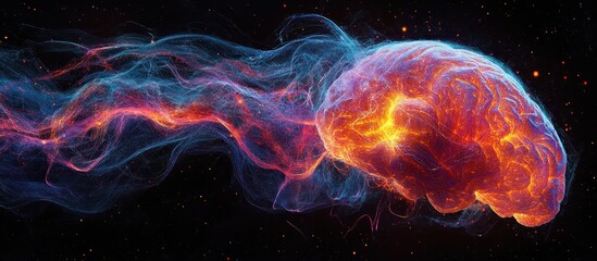 Fototapeta premium Vibrant Abstract Neural Network Visualization with Glowing Brain and Dynamic Energy Flow in Cosmic Space