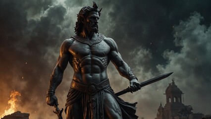 Statue of Phobos, the embodiment of fear, with sunken eyes and holding a curved blade symbolizing terror, with a battlefield shrouded in smoke as a backdrop, carvings illustrating his power to evoke f