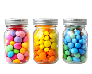 Colorful jars filled with assorted candies, isolated on white background.