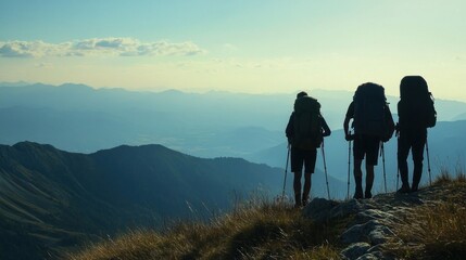 Silhouettes of Hikers on Mountain Peak
