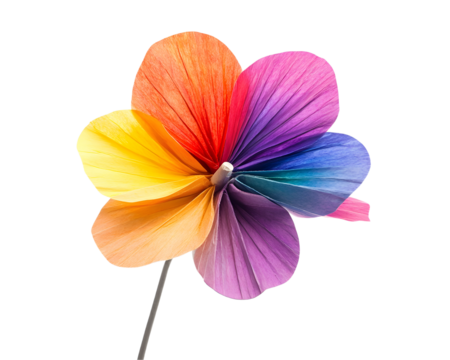 Colorful paper flower on a white background, showcasing a vibrant mix of hues and delicate petal design.