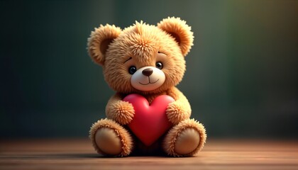 Obraz premium Cute teddy bear sits holding heart. Adorable cartoon character. Vintage style plush toy. Looking directly at camera. Illustration for Valentines Day, birthday, holidays. Perfect for kids products