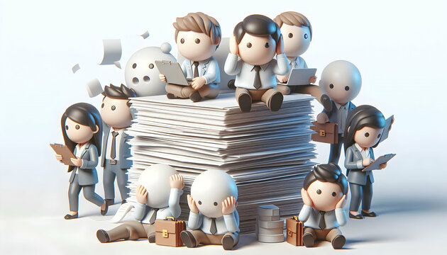 3D Business team overwhelmed with high workload in macro close up copy space concept as A business team feels overwhelmed by a high workload in a macro close up representing the stress of managing exc