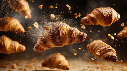 Flaky Croissants and Pastries in Mid-Air