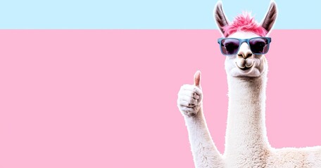 A happy alpaca llama, smiling and giving a thumbs up in approval of good work or a product. Wide banner with space for text on the side. Stock.