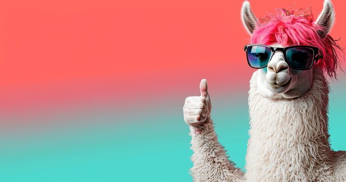 A cheerful alpaca llama, grinning and giving a thumbs up to show approval for good work or a product. Wide banner with space for text on the side. Stock.
