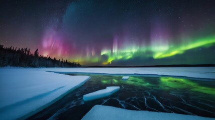 A vibrant aurora borealis over a frozen lake. Green and pink lights paint the night sky