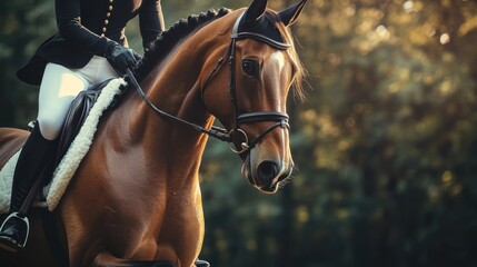 Fototapeta premium Closeup of a Chestnut Horse with Rider in the Forest