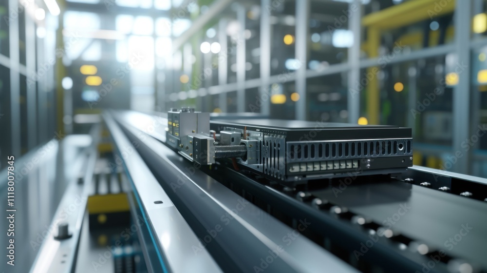 Aufkleber modern automated production line assembling electronic components in a high tech factory, highlighti