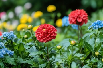 Vibrant flowers in a garden setting, showcasing diverse colors and textures.