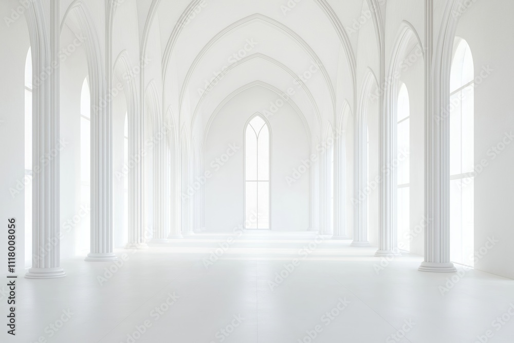 Poster white interior architecture with columns, arched windows. modern design. abstract. empty space for d