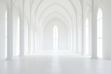 White interior architecture with columns, arched windows. Modern design. Abstract. Empty space for design inspiration. Future building concept. Architectural render. Minimalist interior. Elegant,