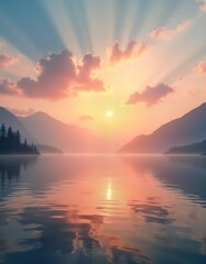 Fototapeta premium Sunrise reflects on calm lake. Misty mountains rise above tranquil water. Sky ablaze with soft colors. Peaceful morning light bathes landscape. Natural beauty at sunrise. Tranquil lake scene. Scenic