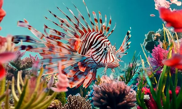 A venomous lionfish gracefully glides through the vibrant coral reef, a stunning sight of marine wildlife