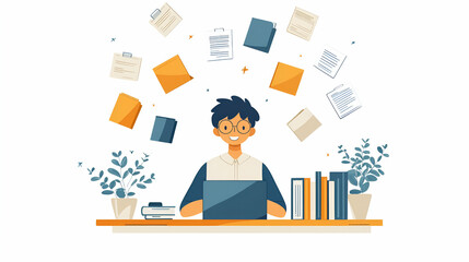 A student joyfully engages with floating documents and books, surrounded by plants, illustrating a vibrant learning environment.