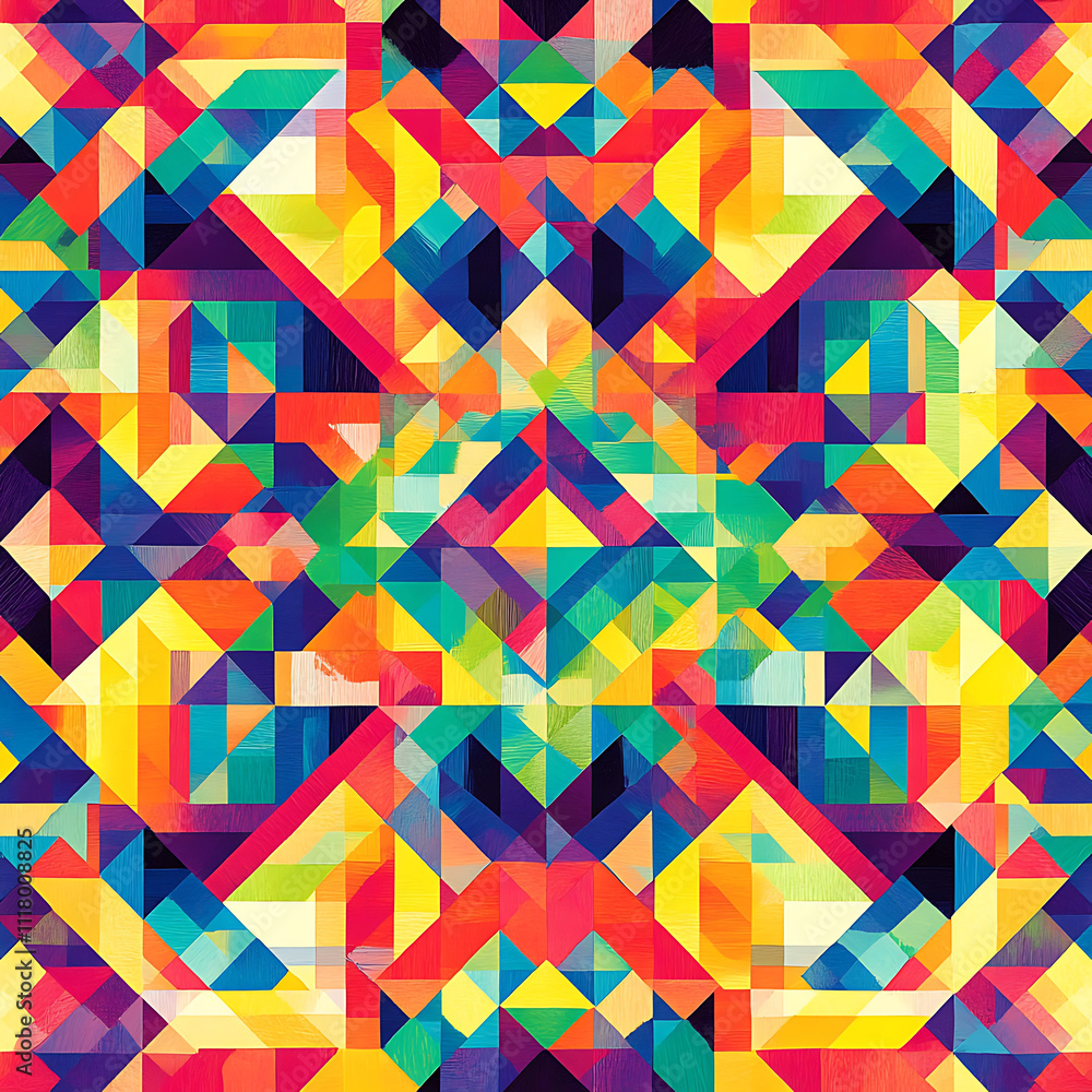 Poster bright and vibrant geometric pattern featuring colorful triangles and shapes, creating lively and dy