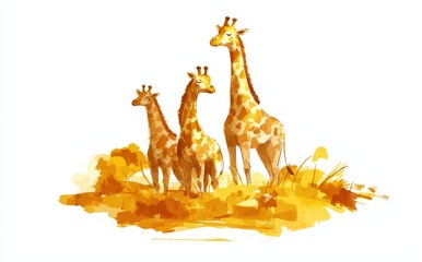 Naklejka premium A collection of canvas art showcasing a herd of giraffes, rendered in watercolor style, generated by AI.