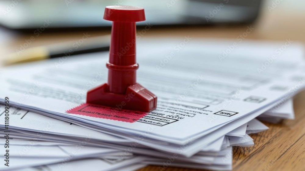 Poster innovative red numbering machine is stamping a pile of official documents with a unique serial numbe