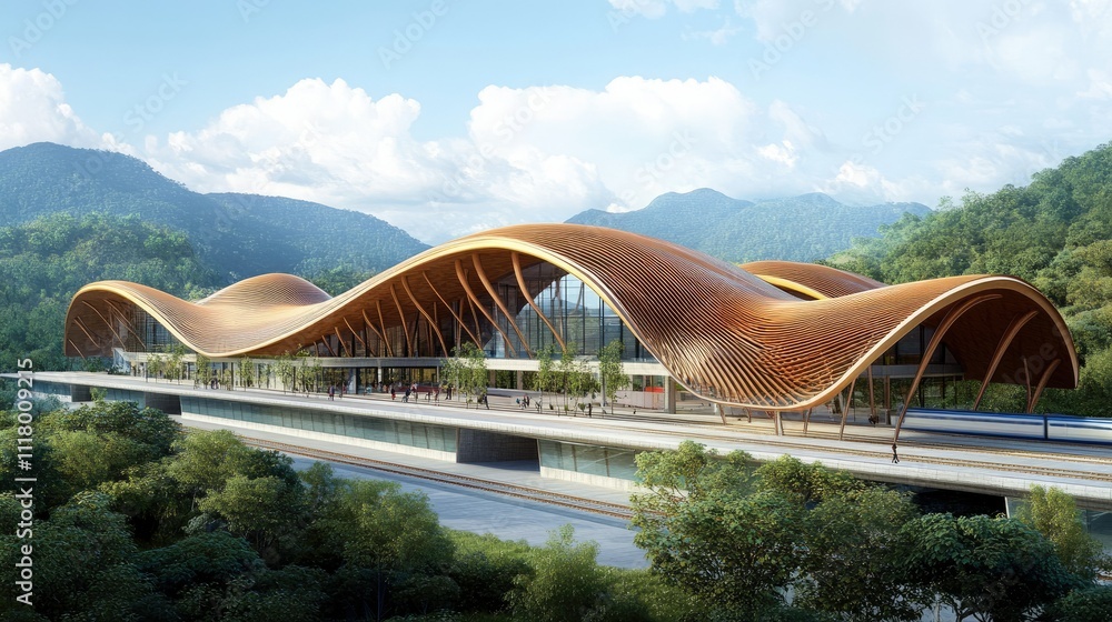 Poster new railway station in laos with unique architecture
