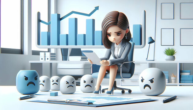 3D Businesswoman feeling frustrated with complex data on plain background copy space concept as A businesswoman feels frustrated while interpreting complex data on a plain background representing chal